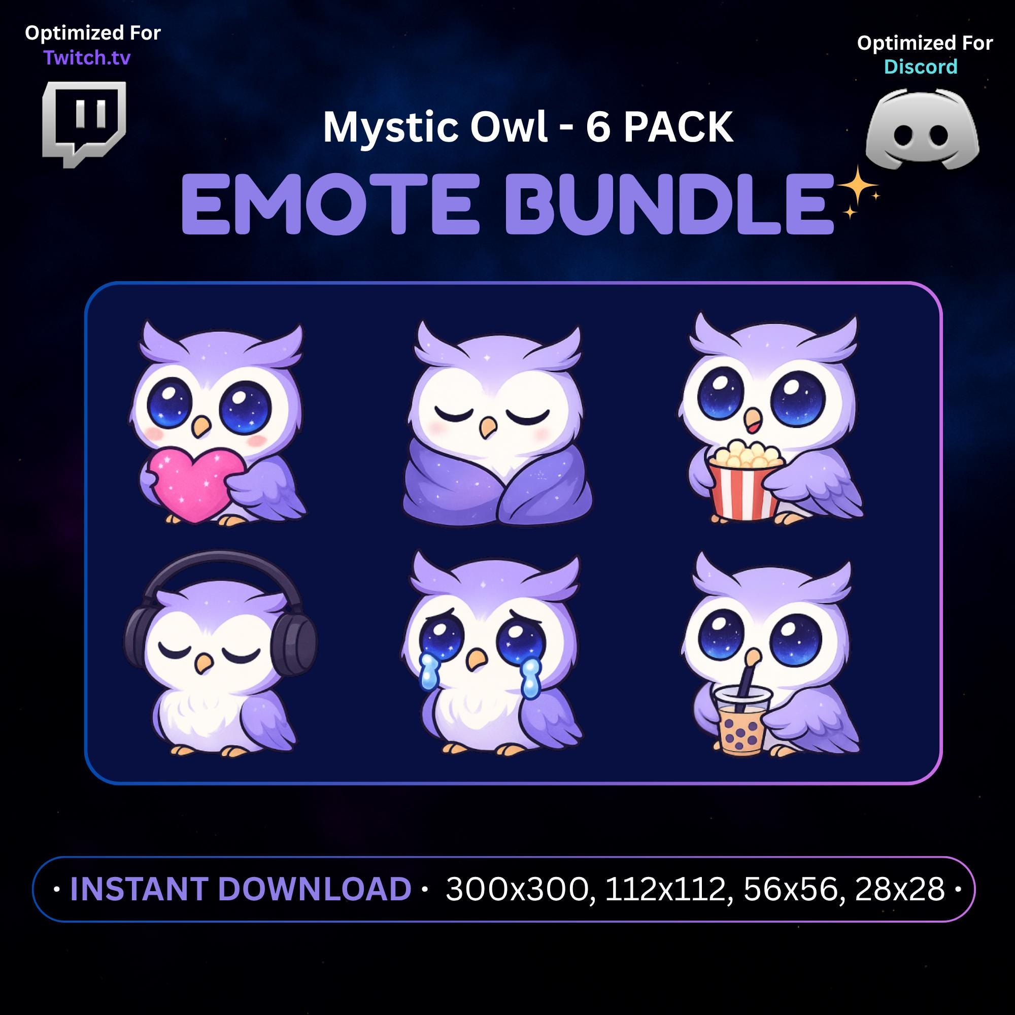 Kawaii Owl Twitch & Discord Emotes 6 Pack