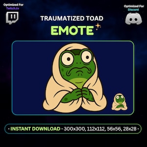 Puede incluir: Gráfico digital de una rana verde de dibujos animados envuelta en una manta beige, con el texto "TRAUMATIZED TOAD EMOTE". La imagen está optimizada para Twitch.tv y Discord, y está disponible para descarga instantánea.