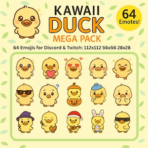 Kawaii Duck Emotes: 64-Piece Emoji Pack for Twitch, Discord, YouTube