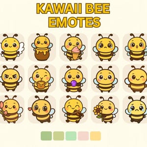 May include: A collection of Kawaii Bee Emotes in a variety of expressions. Each bee is yellow and brown with wings, and some hold items like ice cream, honey, or flowers. The text "KAWAI BEE EMOTES" is at the top.