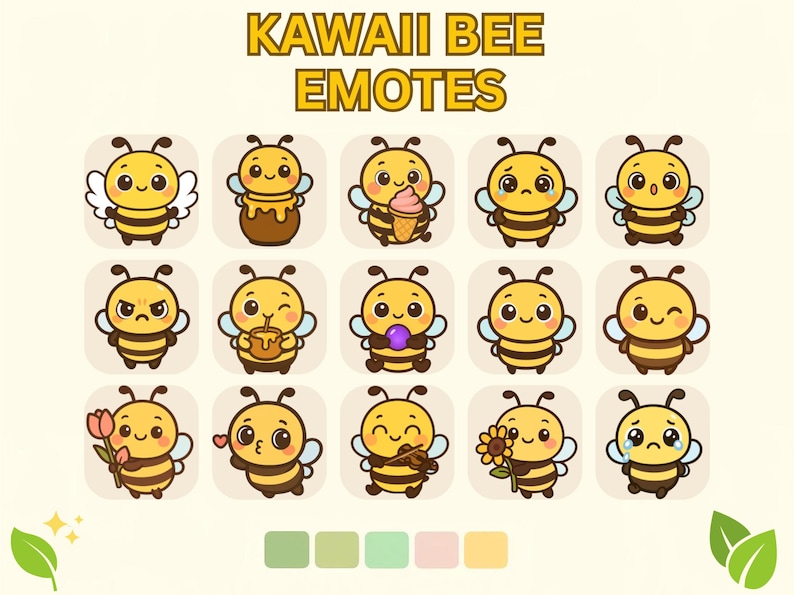 May include: A collection of Kawaii Bee Emotes in a variety of expressions. Each bee is yellow and brown with wings, and some hold items like ice cream, honey, or flowers. The text "KAWAI BEE EMOTES" is at the top.
