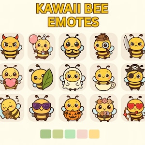 May include: A collection of kawaii bee emotes with various expressions and accessories. The emotes include bees with devil horns, balloons, hearts, leaves, sunglasses, and more. The text "KAWAI BEE EMOTES" is displayed at the top.