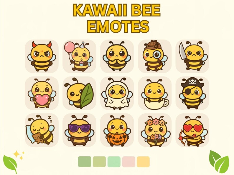 May include: A collection of kawaii bee emotes with various expressions and accessories. The emotes include bees with devil horns, balloons, hearts, leaves, sunglasses, and more. The text "KAWAI BEE EMOTES" is displayed at the top.