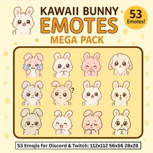 Kawaii Bunny Discord Emotes – 53 Cute Pastel Rabbit Emojis for Twitch, Discord, Streamers & Chat – Digital Download PNG Pack