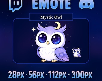 May include: A digital graphic featuring a cartoon owl with large, starry eyes, a crescent moon, and a starry background. The text reads "EMOTE" and "Mystic Owl", with size options and "Instant Download".