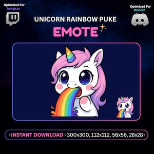 May include: A digital graphic featuring a cartoon unicorn with pink hair and a rainbow horn, vomiting a rainbow. The text "UNICORN RAINBOW PUKE EMOTE" is displayed above the image. The image is optimized for Twitch and Discord.