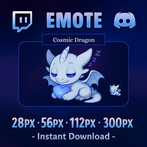Op de afbeelding: Digitale illustratie van een slapende witte draak die een blauw hart vasthoudt, met het label "Cosmic Dragon". De afbeelding bevat de tekst "EMOTE" en verschillende pixelgrootte-opties voor direct downloaden.