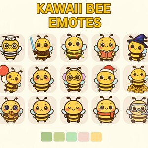 May include: A collection of Kawaii Bee Emotes. Each bee is yellow and black, with large eyes and various accessories, including glasses, a lightsaber, a book, and a Santa hat. The emotes are set against a light background with a color palette at the bottom.