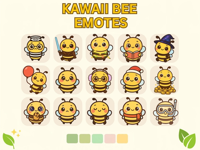 May include: A collection of Kawaii Bee Emotes. Each bee is yellow and black, with large eyes and various accessories, including glasses, a lightsaber, a book, and a Santa hat. The emotes are set against a light background with a color palette at the bottom.