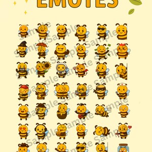 May include: A collection of Kawaii bee emotes in various poses and expressions, including bees with sunglasses, holding money, and wearing hats. The text "KAWAII BEE EMOTES" is displayed at the top of the image.