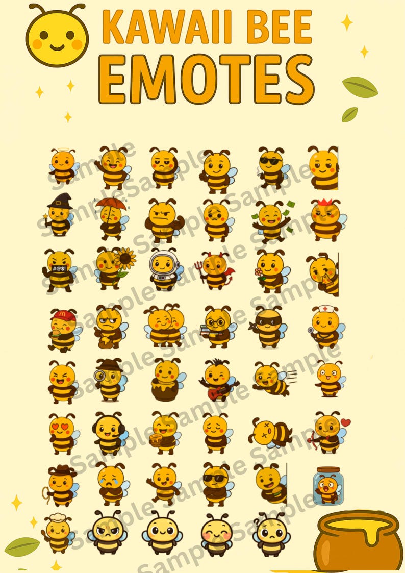 May include: A collection of Kawaii bee emotes in various poses and expressions, including bees with sunglasses, holding money, and wearing hats. The text "KAWAII BEE EMOTES" is displayed at the top of the image.