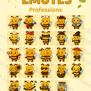 May include: A digital illustration featuring a collection of kawaii bee emotes representing various professions. The text "KAWAII BEE EMOTES Professions" is displayed at the top. Each bee is yellow and black, with different accessories and expressions.