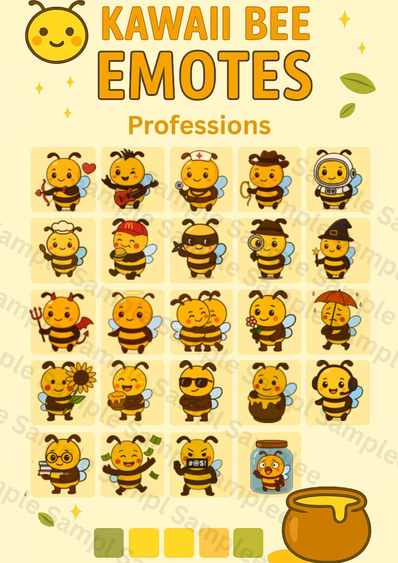 May include: A digital illustration featuring a collection of kawaii bee emotes representing various professions. The text "KAWAII BEE EMOTES Professions" is displayed at the top. Each bee is yellow and black, with different accessories and expressions.