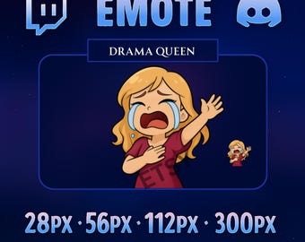 May include: Digital emote featuring a cartoon character with blonde hair, crying, and wearing a maroon shirt. The text "DRAMA QUEEN" is above the character. The image includes Twitch and Discord logos, and size specifications: 28PX, 56PX, 112PX, and 300PX.