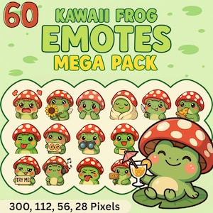 Könnte beinhalten: Ein digitales Kunstpaket mit 60 Kawaii-Frosch-Emotes. Jeder Frosch wird mit einer Pilzkappe und verschiedenen Ausdrücken dargestellt, die Gegenstände wie eine Sonnenblume, ein Fernglas und einen Cocktail halten. Der Text "KAWAII FROG EMOTES MEGA PACK" wird angezeigt.