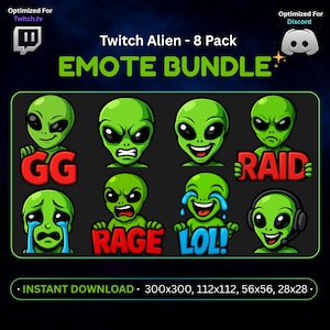 May include: A digital graphic featuring eight green alien emotes with various expressions, including happy, angry, and crying. The text "EMOTE BUNDLE" is displayed above the emotes, with "GG", "RAID", "RAGE", and "LOL" text included. Optimized for Twitch.tv and Discord.