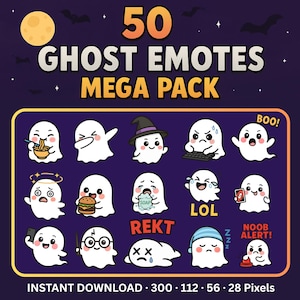 50 Cute Ghost Emotes Mega Pack – Kawaii Halloween Emojis for Twitch, Discord, Streamers – Spooky Ghost Emoji Bundle – Instant Download
