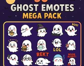May include: A digital download graphic featuring 50 ghost emotes with various expressions, including a ghost wearing a witch hat and a ghost with glasses. The text "50 GHOST EMOTES MEGA PACK" is displayed above the emotes.