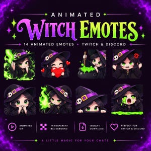 May include: A digital collection of 14 animated witch emotes for Twitch and Discord. The graphics feature a character with long black hair and a purple-banded witch hat with a skull emblem, displaying various expressions and magical actions.