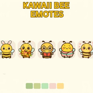 May include: The image features five cartoon bee emotes with various expressions. The bees are yellow and black, with different accessories and expressions, including one with bunny ears, one holding food, one reading a book, one looking sad, and one with hearts.