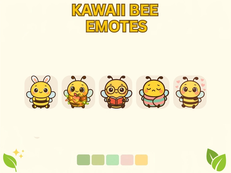 May include: The image features five cartoon bee emotes with various expressions. The bees are yellow and black, with different accessories and expressions, including one with bunny ears, one holding food, one reading a book, one looking sad, and one with hearts.