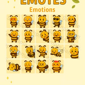 May include: A yellow background features a collection of Kawaii Bee Emotes, each depicting a different emotion. The text "KAWAII BEE EMOTES" and "Emotions" are displayed in orange. A pot of honey is at the bottom.
