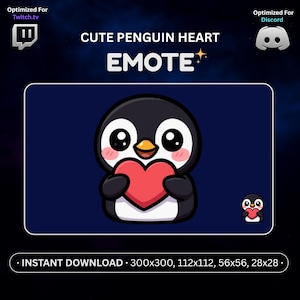 Cute Penguin Emote Holding Heart – Kawaii Penguin Emoji for Twitch, Discord, Streaming – Valentines or Love Emote – Instant Download