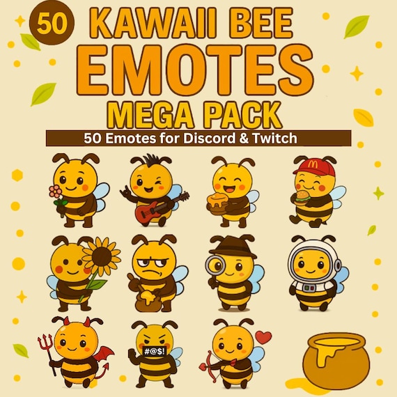 50 Kawaii Bee Emotes – Emoji Pack for Twitch & Discord (Digital Download)