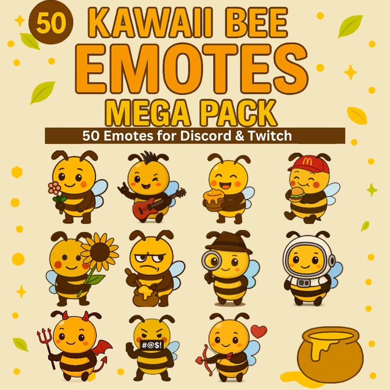 May include: A digital art graphic featuring 50 Kawaii bee emotes. The text reads "KAWAII BEE EMOTES MEGA PACK" and "50 Emotes for Discord & Twitch". The bees are yellow and black with various accessories and expressions.
