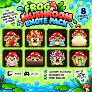 Può includere: Un pacchetto digitale di 8 emote animate di rane e funghi con varie espressioni, tra cui un cuore, pianto e un arcobaleno. Il testo recita Frog Mushroom Emote Pack, Cute, Expressive Animated Emotes For Twitch & Discord, e Spread Some Shroom Love.