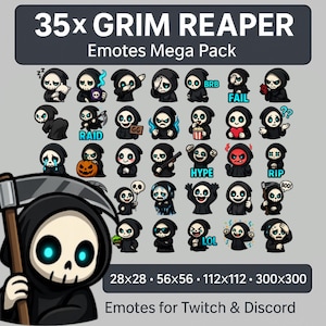 May include: A set of 35 Grim Reaper emotes for Twitch and Discord, featuring a cartoon Grim Reaper in various poses and expressions. Emotes include "BRB", "FAIL", and "HYPE". The image also displays the dimensions of each emote in pixels.