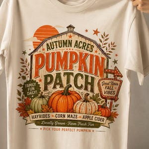 May include: A cream-coloured short-sleeve t-shirt featuring a graphic of a barn and pumpkins with the text "AUTUMN ACRES PUMPKIN PATCH," "FAMILY FUN DAILY!," "Good Times FALL VIBES," "HAYRIDES CORN MAZE APPLE CIDER," and "PICK YOUR PERFECT PUMPKIN."