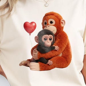 May include: A beige t-shirt featuring a heartwarming illustration of two monkeys. One larger, orange monkey cradles a smaller, black monkey. A red heart-shaped balloon floats above them. The design is centered on the shirt.