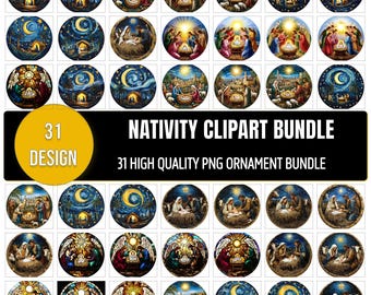 Puede incluir: Una colección de 31 diseños redondos con escenas de la Natividad, con una variedad de estilos artísticos. Los diseños incluyen imágenes del cielo nocturno, el niño Jesús y los tres reyes magos. El texto dice "NATIVITY CLIPART BUNDLE".