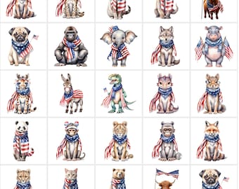 Patriotic Animals Clipart | 4th of July Watercolor PNG Bundle (Digital Download)