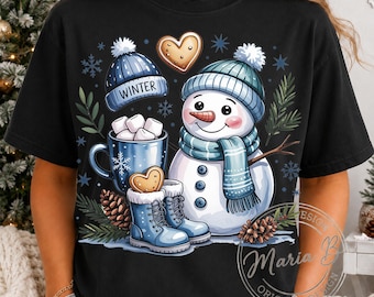 Grappige sneeuwpop winter PNG, warme chocolademelk kerst sublimatie (digitale download)