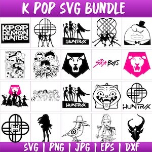 May include: A selection of K-Pop themed SVG designs in black and white, with some designs in pink. The designs include text that says "KPOP DEMON HUNTERS", "HUNTRAX", and "SAJA BOYS". The image also includes the text "SVG | PNG | JPG | EPS | DXF".