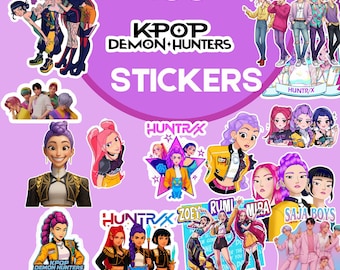 May include: A collection of colorful K-Pop Demon Hunters stickers. The stickers feature various anime-style characters and groups, with text that reads "150+ Stickers", "KPOP Demon Hunters", and names like "Rumi", "Huntrax", and "Saja Boys".