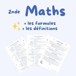 Peut inclure: Une image bleue clair avec le mot "Maths" en grandes lettres bleues. En dessous, les mots "+ les formules" et "+ les définitions". Trois feuilles de papier avec des formules et définitions mathématiques sont en dessous.