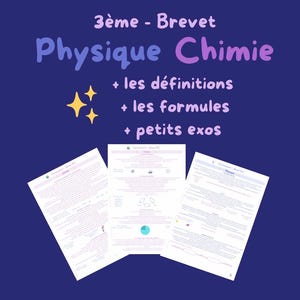 以下が含まれることがあります： 紫と青で「3ème - Brevet Physique Chimie」と書かれた濃い青色の背景。テキストの下には「+ les définitions」、「+ les formules」、および「+ petits exos」というフレーズがあります。前景に3枚の紙があります。
