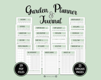Può includere: Una raccolta di pagine stampabili per pianificatore e diario di giardinaggio con sfondo verde chiaro. Le pagine includono sezioni per spese, piani del giardino, inventario dei semi e altro. Il testo "Garden & Journal" è in alto.