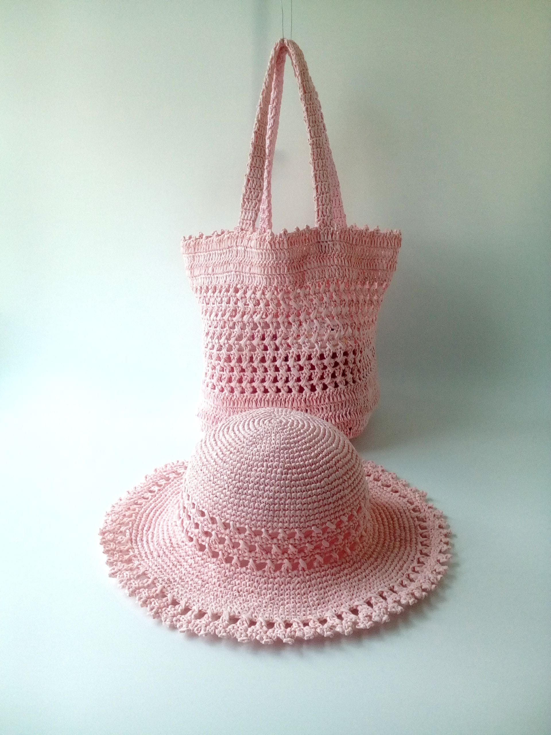crochet straw hat, bag; summer hat, beach bag, wide-brim hat , crochet hat and bag pattern