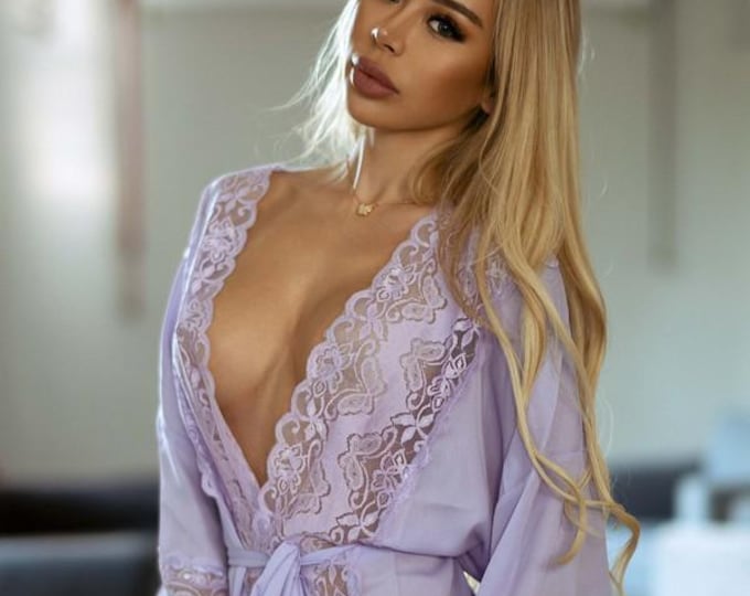 Lavender & Black Angel Lace Cover Up Sheer Lace Robe Lingerie By Bella