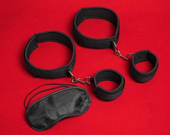 Intro to Bondage, Cuffs and Blindfold Set 1, Black Restraints for Wrist and Legs BDSM kit for Kinky Couples by Bella Lace