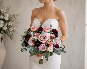 Dusty Pink Burgundy Silk Wedding Bouquet, Artificial Bridal Flowers