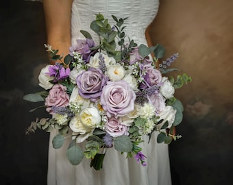 Lavender Silk Rose Wedding Bouquet, Handmade Bridal Flowers