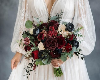 Burgundy Silk Flower Bridal Bouquet, Artificial Wedding Bouquet