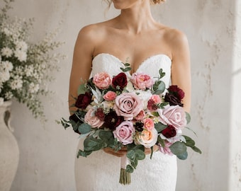 Dusty Pink Burgundy Silk Wedding Bouquet, Artificial Bouquet, Elegant Bridal Flowers