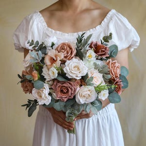 Toffee & Quicksand Silk Wedding Bouquet, Neutral Boho Bridal Flowers