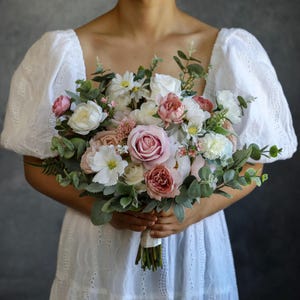 Blush Pink Silk Flowers Bouquet l  Wedding Flower Bouquet I Artificial Bridesmaids Bouquet l Ivory Dusty Pink Wedding Bouquet